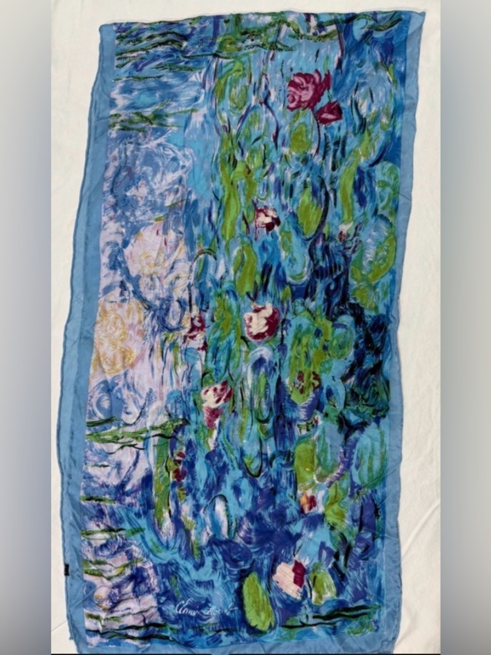 Claude Monet Water Lilies Silk Scarf Blue Museum Art Wrap 62” - Picture 2 of 9